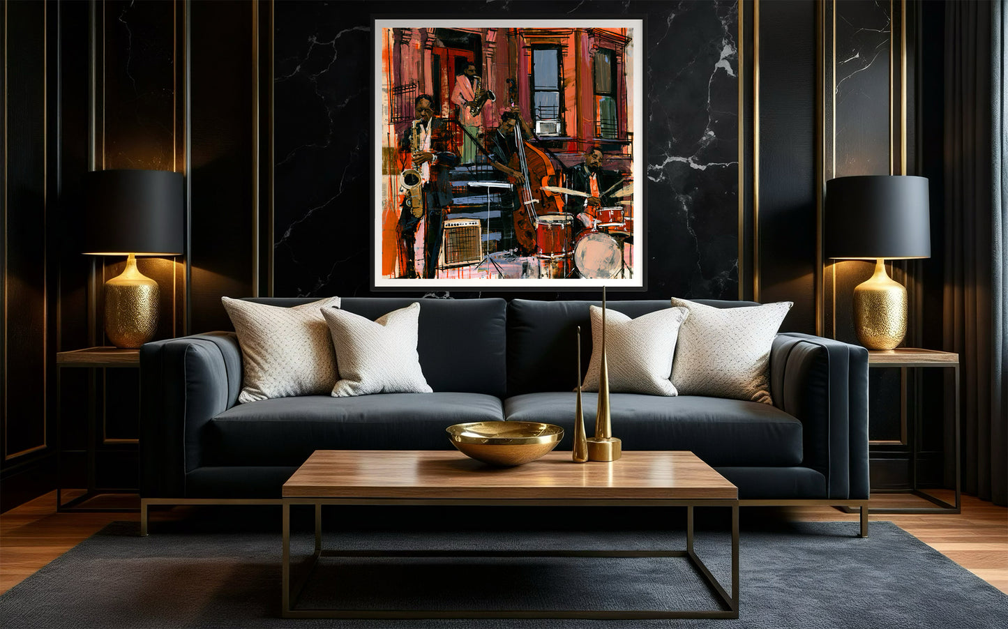A framed abstract painting of Black jazz musicians hanging on a black marble wall above a dark gray sofa in a luxury living room with gold accents.