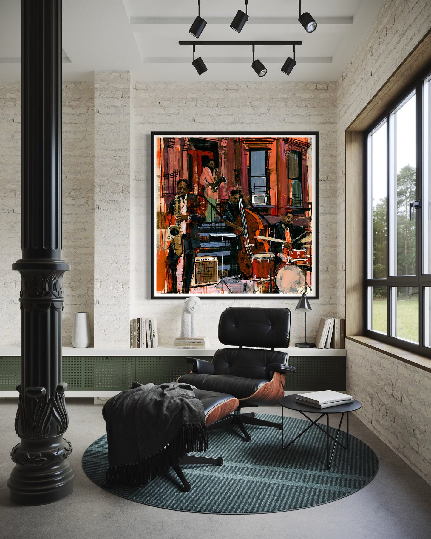 A framed abstract painting of Black jazz musicians playing on the sidewalk in front of Harlem brownstones, displayed on a brick wall in a modern loft-style room with a black leather lounge chair and a dark green rug.