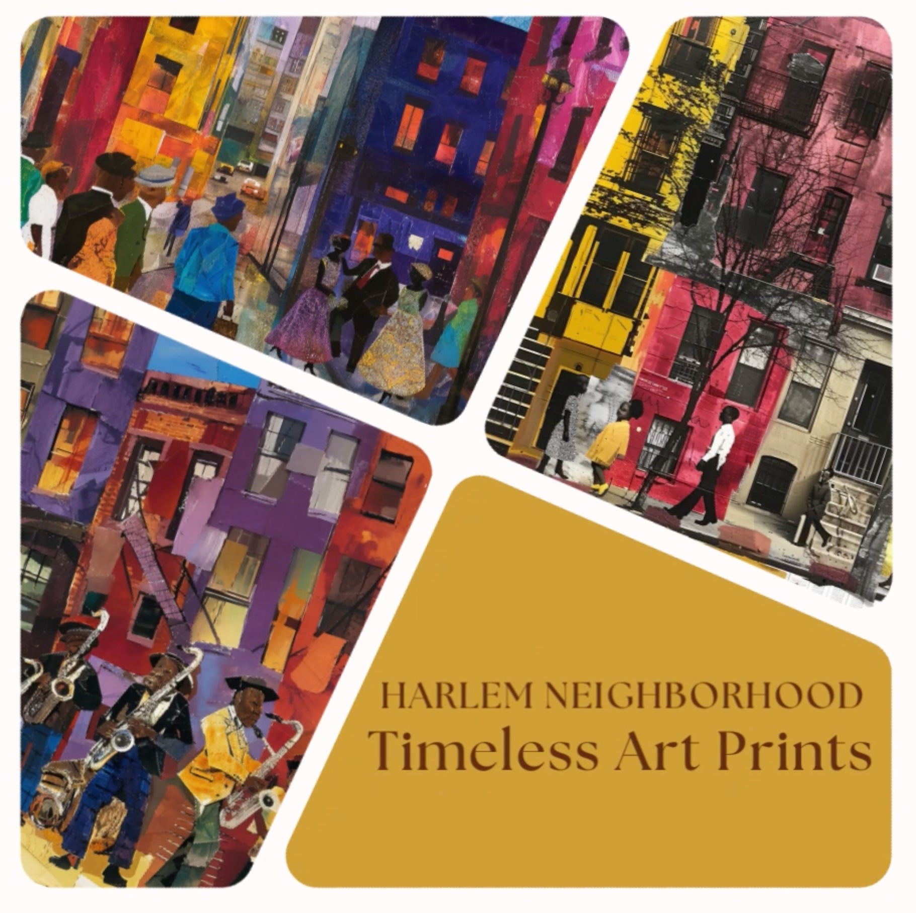 Set of 3 Afrocentric Harlem street scene art prints showing Black people on brownstone-lined streets capturing the vibrant culture and everyday life of Harlem.