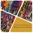 Set of 3 Afrocentric Harlem street scene art prints showing Black people on brownstone-lined streets capturing the vibrant culture and everyday life of Harlem.
