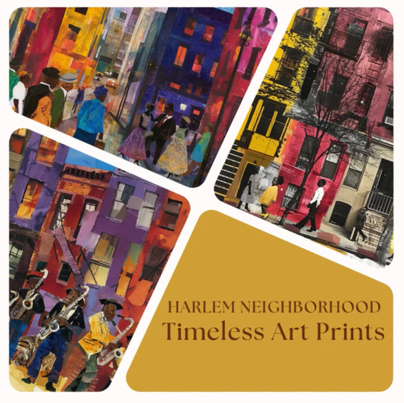 Set of 3 Afrocentric Harlem street scene art prints showing Black people on brownstone-lined streets capturing the vibrant culture and everyday life of Harlem.
