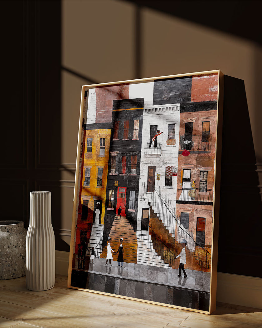 Harlem Street Life Afrocentric Wall Art Print Harlem Neighborhood Brownstone Stoops Abstract People Lifestyle Wall Decor African American Abstract Digital Art