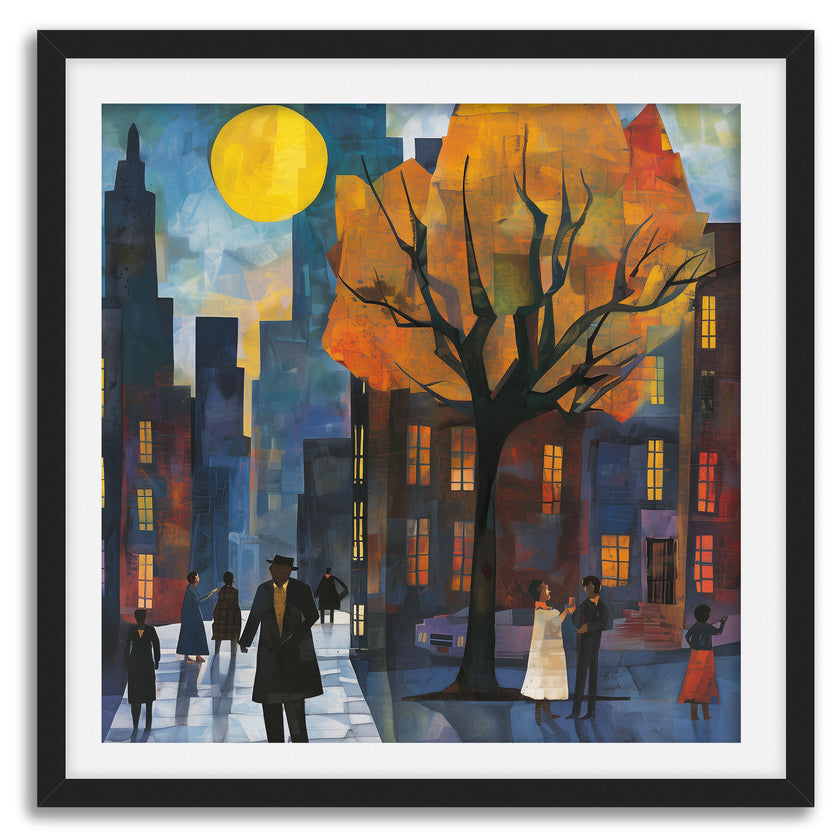 Afrocentric art print of Harlem street life at night, featuring abstract silhouettes of people mingling and socializing under a glowing full yellow moon. Vibrant digital artwork capturing the culture, energy, and lifestyle of the Harlem neighborhood.