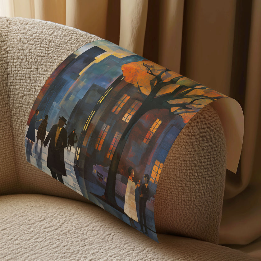 Afrocentric art print of Harlem street life at night, featuring abstract silhouettes of people mingling and socializing under a glowing full yellow moon. Vibrant digital artwork capturing the culture, energy, and lifestyle of the Harlem neighborhood.