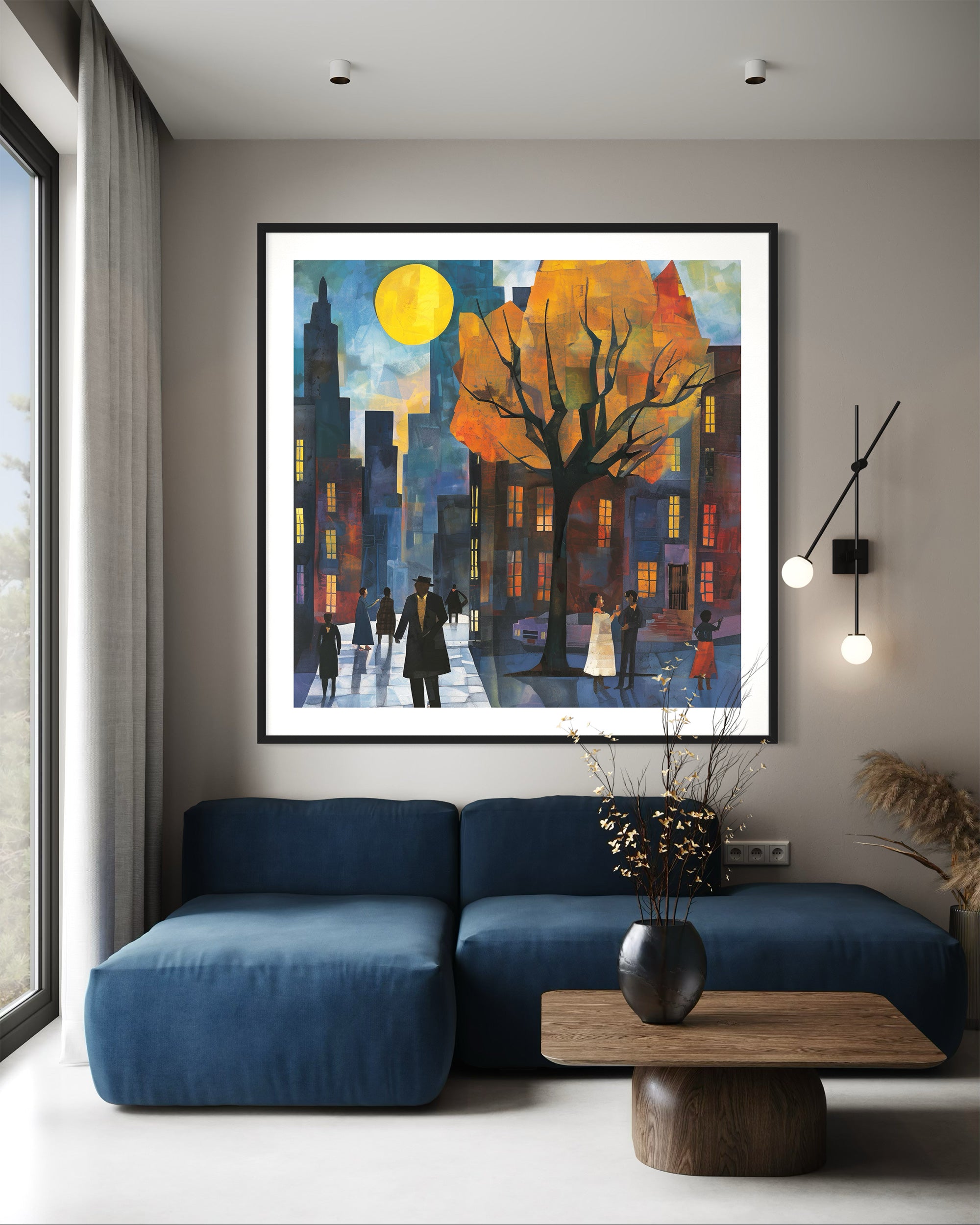 Afrocentric art print of Harlem street life at night, featuring abstract silhouettes of people mingling and socializing under a glowing full yellow moon. Vibrant digital artwork capturing the culture, energy, and lifestyle of the Harlem neighborhood.