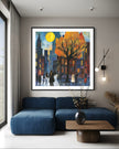 Afrocentric art print of Harlem street life at night, featuring abstract silhouettes of people mingling and socializing under a glowing full yellow moon. Vibrant digital artwork capturing the culture, energy, and lifestyle of the Harlem neighborhood.