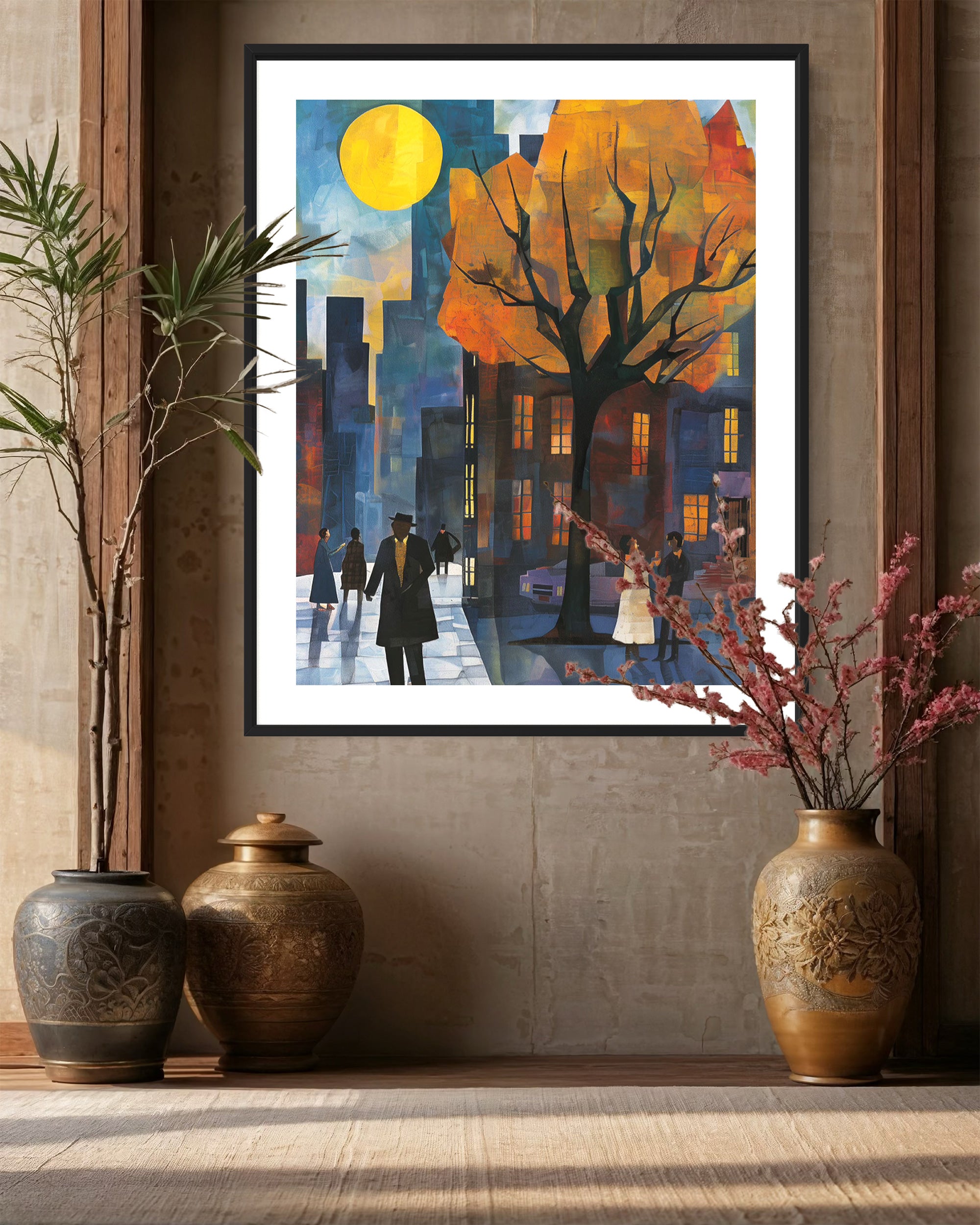 Afrocentric art print of Harlem street life at night, featuring abstract silhouettes of people mingling and socializing under a glowing full yellow moon. Vibrant digital artwork capturing the culture, energy, and lifestyle of the Harlem neighborhood.