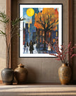 Afrocentric art print of Harlem street life at night, featuring abstract silhouettes of people mingling and socializing under a glowing full yellow moon. Vibrant digital artwork capturing the culture, energy, and lifestyle of the Harlem neighborhood.