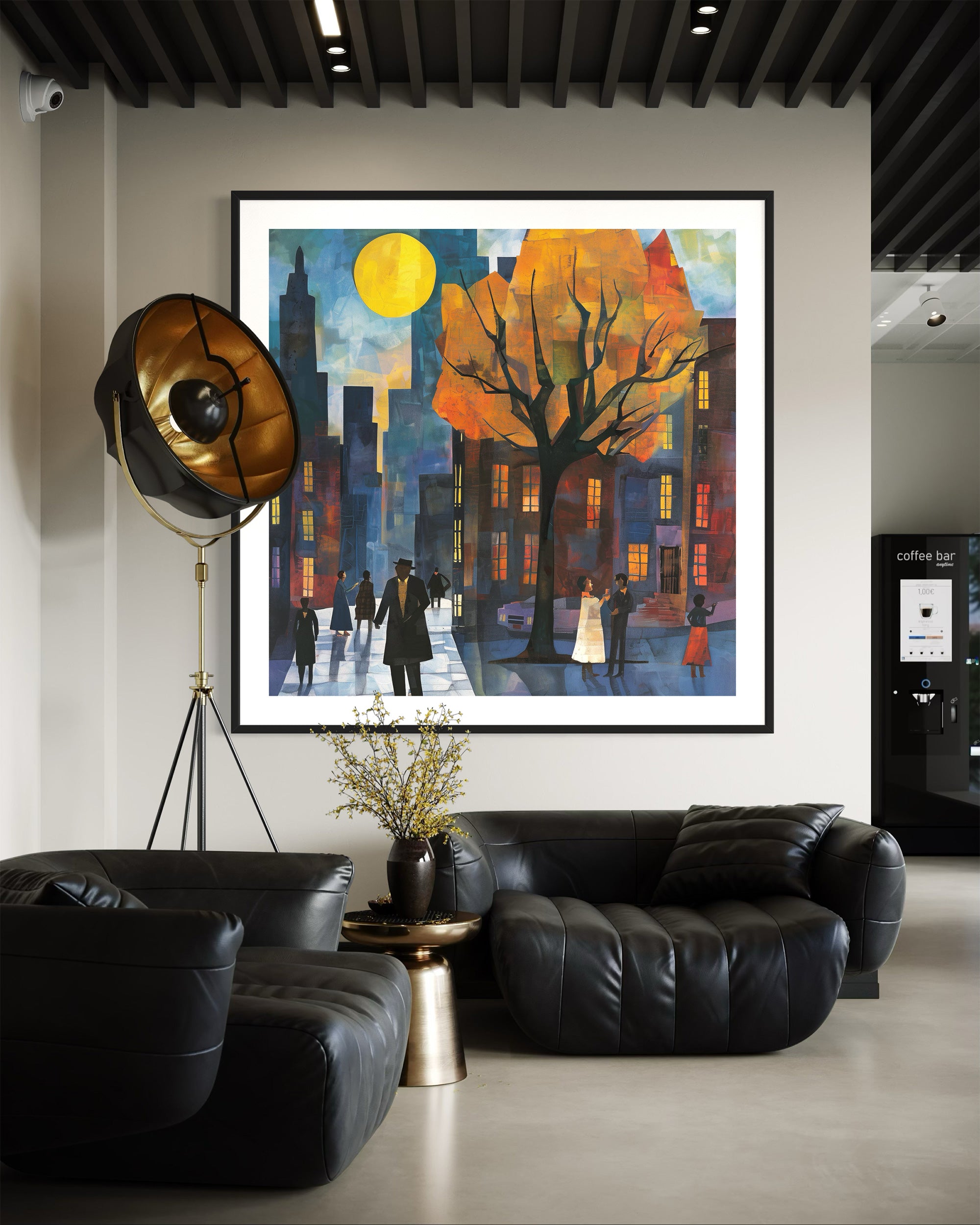 Afrocentric art print of Harlem street life at night, featuring abstract silhouettes of people mingling and socializing under a glowing full yellow moon. Vibrant digital artwork capturing the culture, energy, and lifestyle of the Harlem neighborhood.