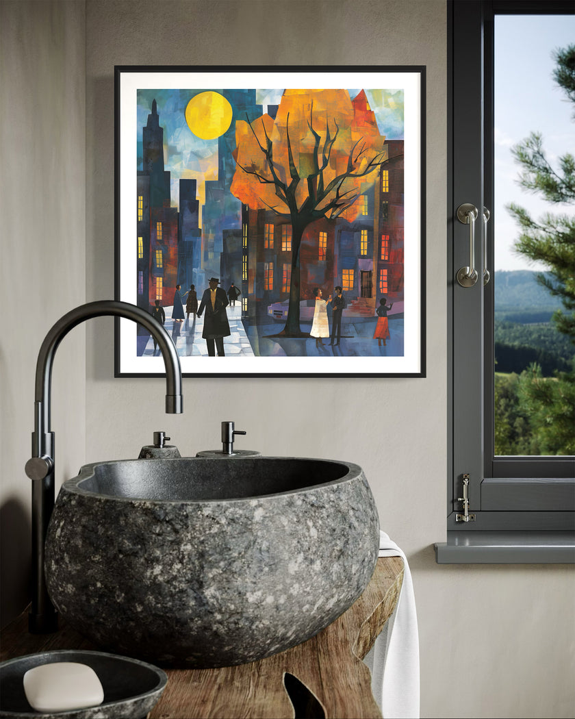 Afrocentric art print of Harlem street life at night, featuring abstract silhouettes of people mingling and socializing under a glowing full yellow moon. Vibrant digital artwork capturing the culture, energy, and lifestyle of the Harlem neighborhood.