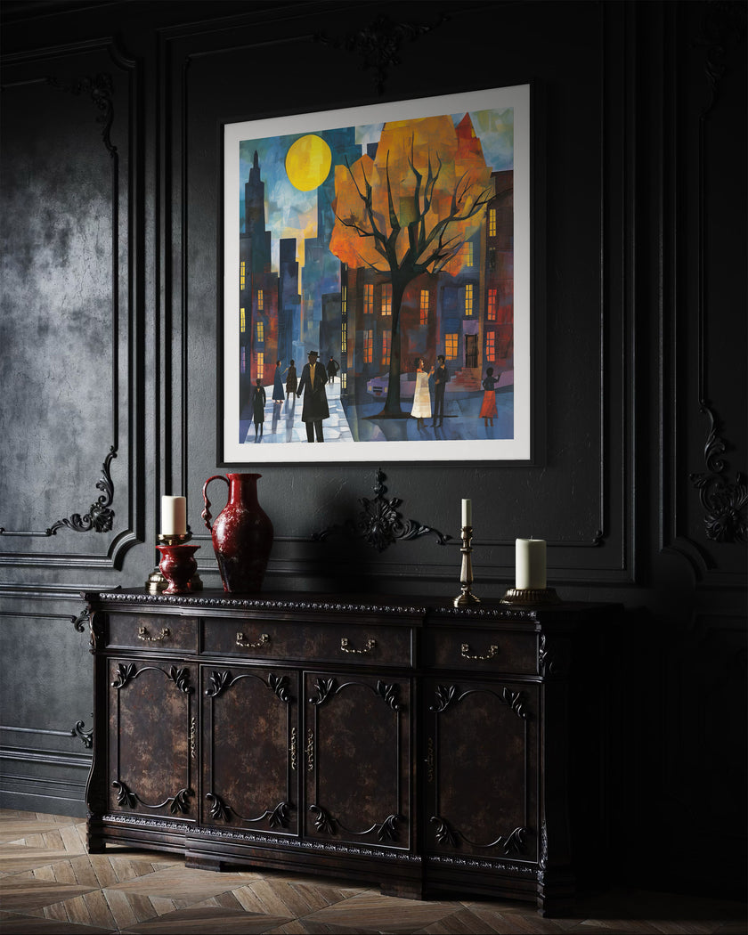 Afrocentric art print of Harlem street life at night, featuring abstract silhouettes of people mingling and socializing under a glowing full yellow moon. Vibrant digital artwork capturing the culture, energy, and lifestyle of the Harlem neighborhood.