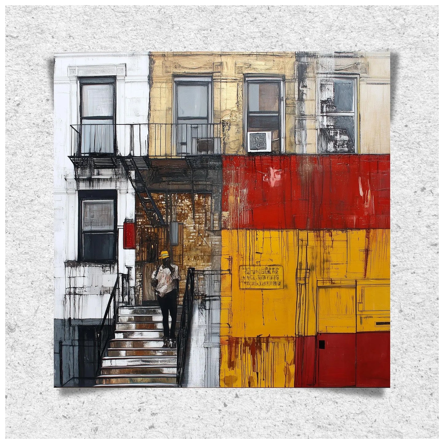 Afrocentric wall art print featuring a Black man standing on a Harlem brownstone stoop. Abstract digital artwork capturing the lifestyle, culture, and everyday street life of the Harlem neighborhood.