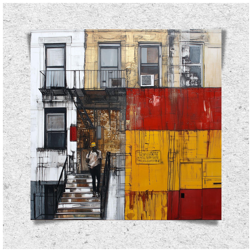 Afrocentric wall art print featuring a Black man standing on a Harlem brownstone stoop. Abstract digital artwork capturing the lifestyle, culture, and everyday street life of the Harlem neighborhood.
