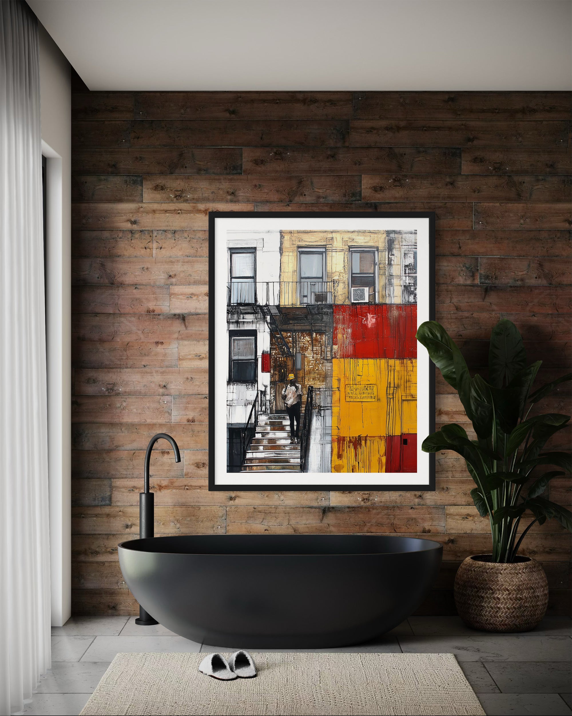 Afrocentric wall art print featuring a Black man standing on a Harlem brownstone stoop. Abstract digital artwork capturing the lifestyle, culture, and everyday street life of the Harlem neighborhood.