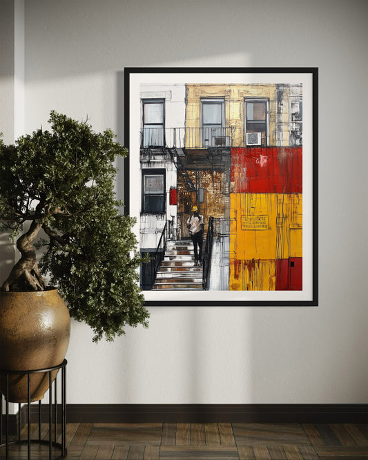 Harlem Street Life Wall Art Print Black Man Standing on Stoop - Style 03