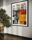 Afrocentric wall art print featuring a Black man standing on a Harlem brownstone stoop. Abstract digital artwork capturing the lifestyle, culture, and everyday street life of the Harlem neighborhood.