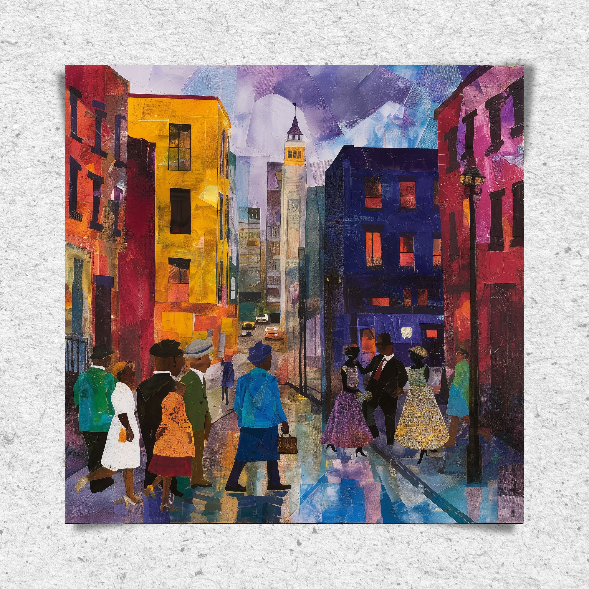 Afrocentric abstract art print depicting vibrant Harlem street life with Black community figures, iconic brownstones, and bustling sidewalks. A bold digital artwork celebrating African American culture and urban energy.