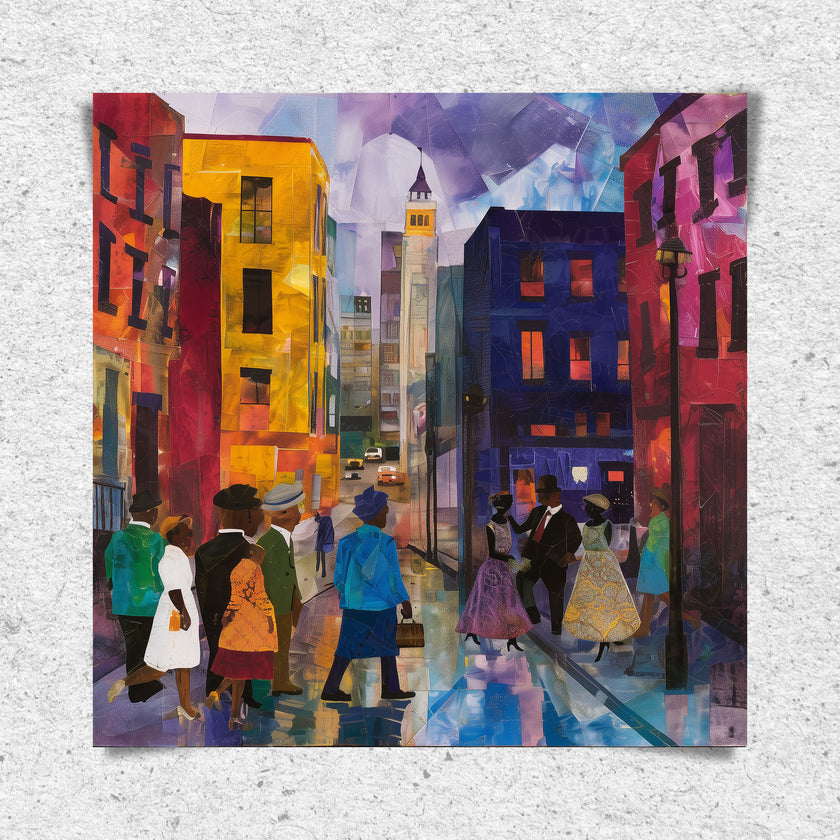 Afrocentric abstract art print depicting vibrant Harlem street life with Black community figures, iconic brownstones, and bustling sidewalks. A bold digital artwork celebrating African American culture and urban energy.