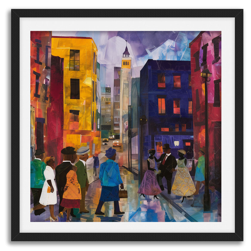 Afrocentric abstract art print depicting vibrant Harlem street life with Black community figures, iconic brownstones, and bustling sidewalks. A bold digital artwork celebrating African American culture and urban energy.