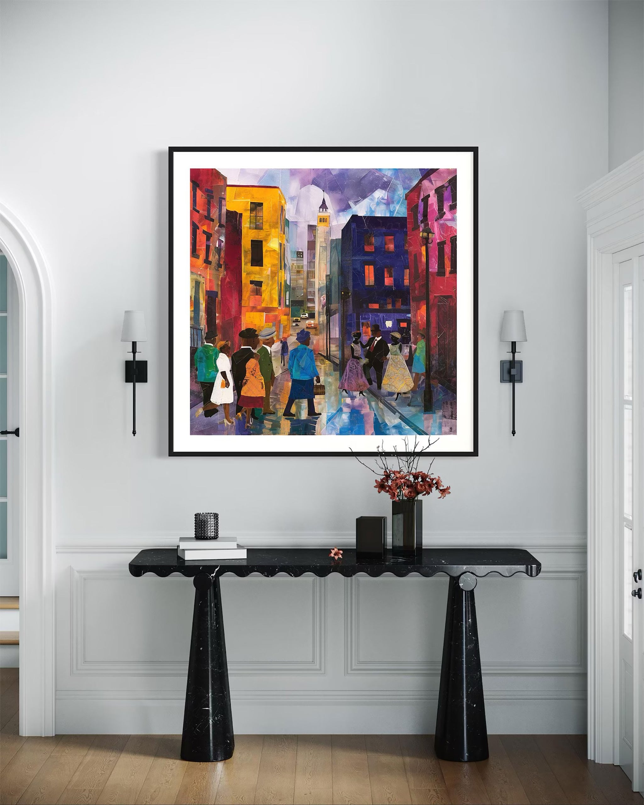 Set of 3 Afrocentric Harlem street scene art prints showing Black people on brownstone-lined streets capturing the vibrant culture and everyday life of Harlem.