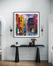 Set of 3 Afrocentric Harlem street scene art prints showing Black people on brownstone-lined streets capturing the vibrant culture and everyday life of Harlem.