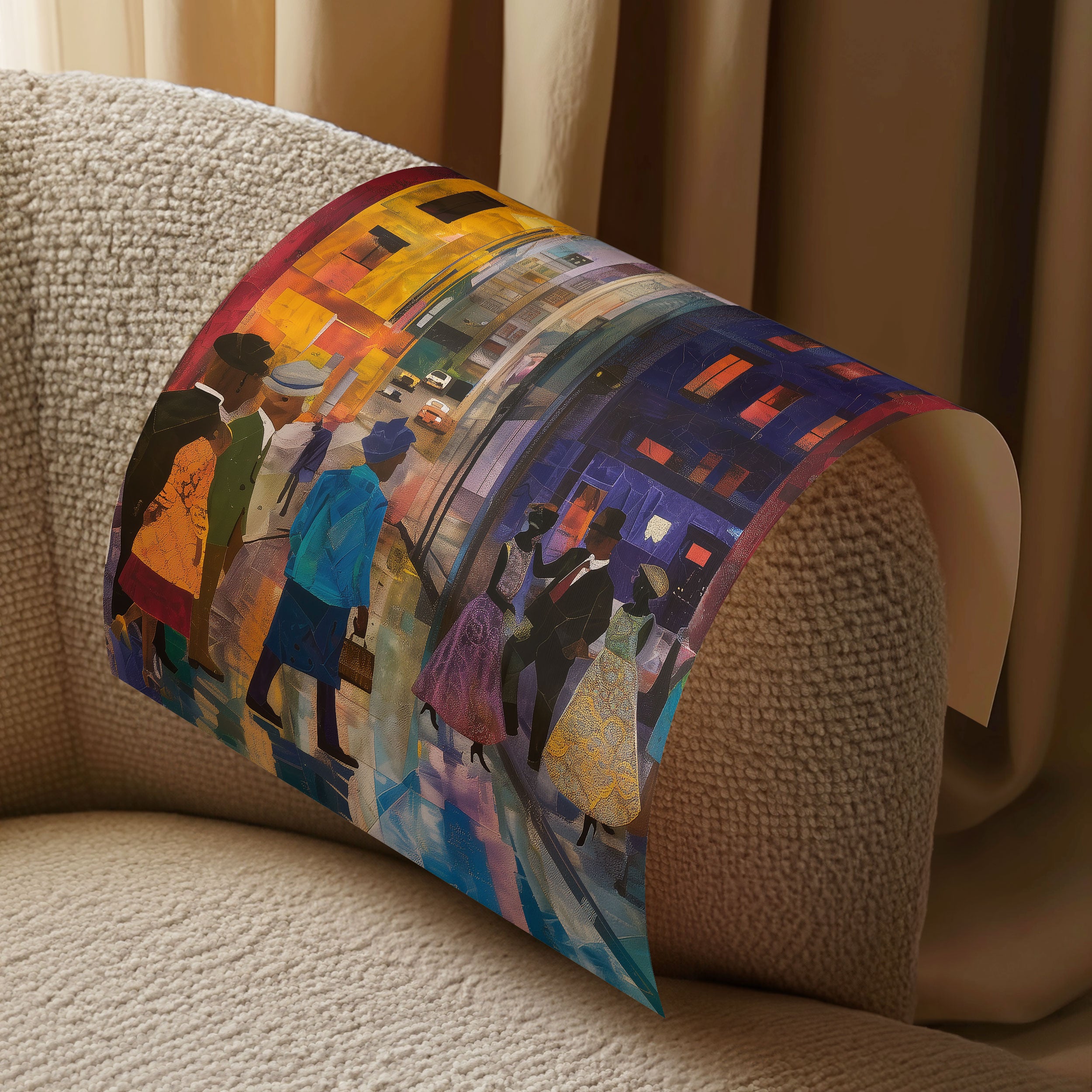 Afrocentric abstract art print depicting vibrant Harlem street life with Black community figures, iconic brownstones, and bustling sidewalks. A bold digital artwork celebrating African American culture and urban energy.