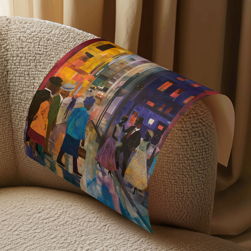 Afrocentric abstract art print depicting vibrant Harlem street life with Black community figures, iconic brownstones, and bustling sidewalks. A bold digital artwork celebrating African American culture and urban energy.