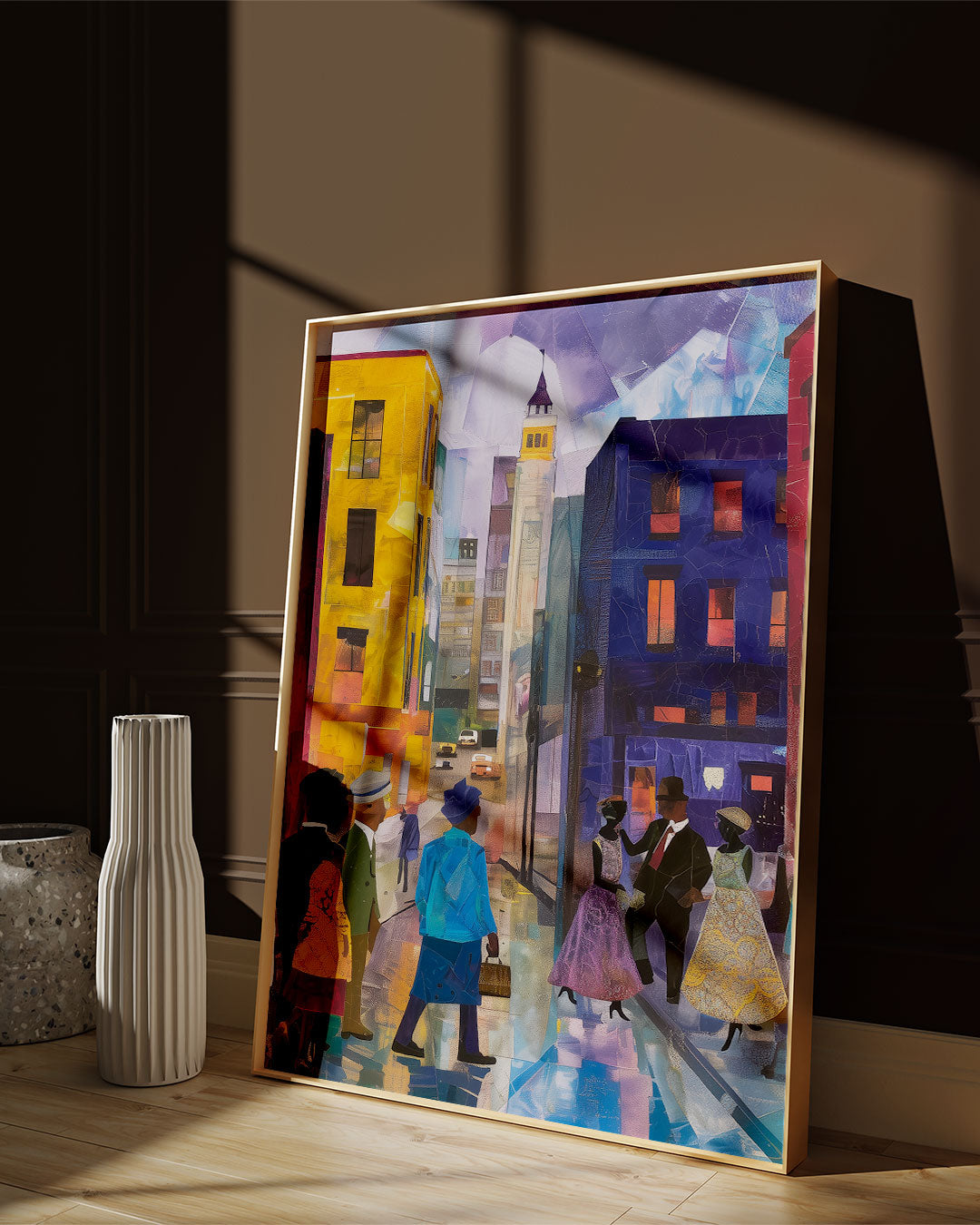 Afrocentric abstract art print depicting vibrant Harlem street life with Black community figures, iconic brownstones, and bustling sidewalks. A bold digital artwork celebrating African American culture and urban energy.