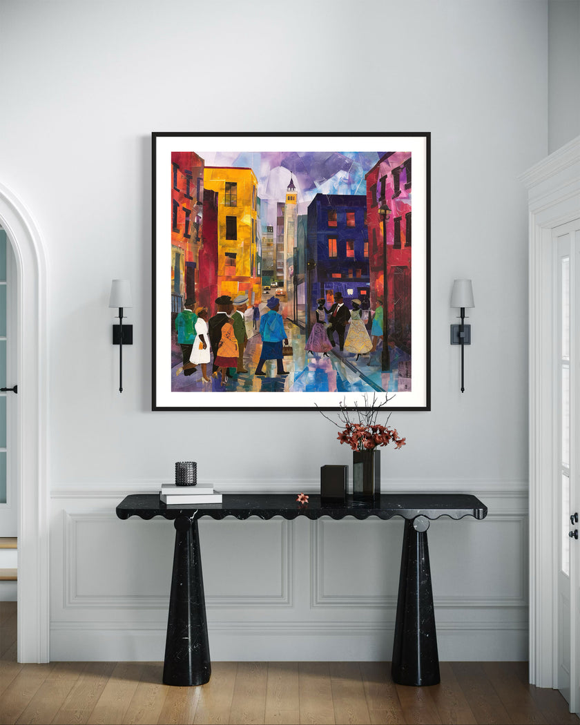 Afrocentric abstract art print depicting vibrant Harlem street life with Black community figures, iconic brownstones, and bustling sidewalks. A bold digital artwork celebrating African American culture and urban energy.