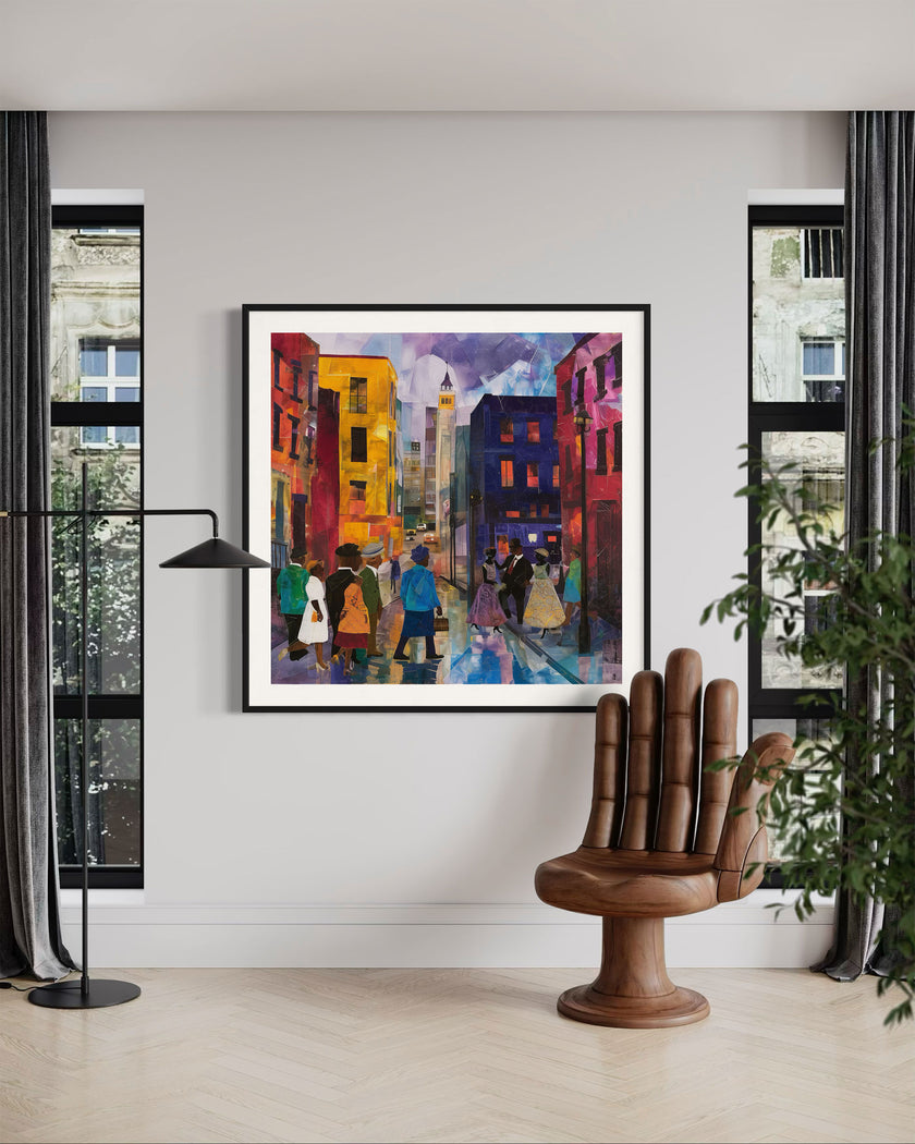 Afrocentric abstract art print depicting vibrant Harlem street life with Black community figures, iconic brownstones, and bustling sidewalks. A bold digital artwork celebrating African American culture and urban energy.