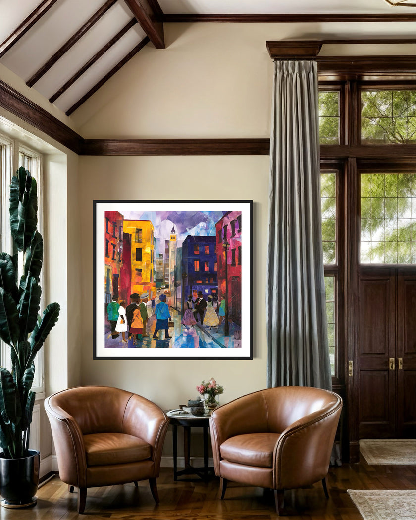 Afrocentric abstract art print depicting vibrant Harlem street life with Black community figures, iconic brownstones, and bustling sidewalks. A bold digital artwork celebrating African American culture and urban energy.