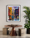 Afrocentric abstract art print depicting vibrant Harlem street life with Black community figures, iconic brownstones, and bustling sidewalks. A bold digital artwork celebrating African American culture and urban energy.
