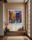 Afrocentric abstract art print depicting vibrant Harlem street life with Black community figures, iconic brownstones, and bustling sidewalks. A bold digital artwork celebrating African American culture and urban energy.