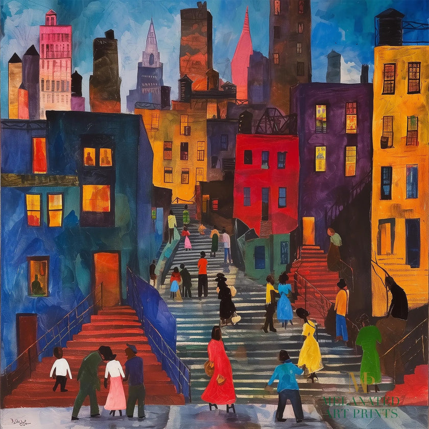 Afrocentric abstract art print depicting vibrant Harlem street life with Black community figures, iconic brownstones, and bustling sidewalks. A bold digital artwork celebrating African American culture and urban energy.