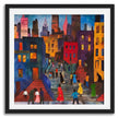 Afrocentric abstract art print depicting vibrant Harlem street life with Black community figures, iconic brownstones, and bustling sidewalks. A bold digital artwork celebrating African American culture and urban energy.