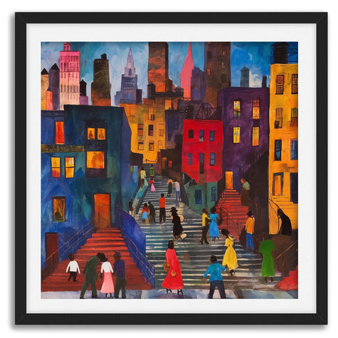 Afrocentric abstract art print depicting vibrant Harlem street life with Black community figures, iconic brownstones, and bustling sidewalks. A bold digital artwork celebrating African American culture and urban energy.