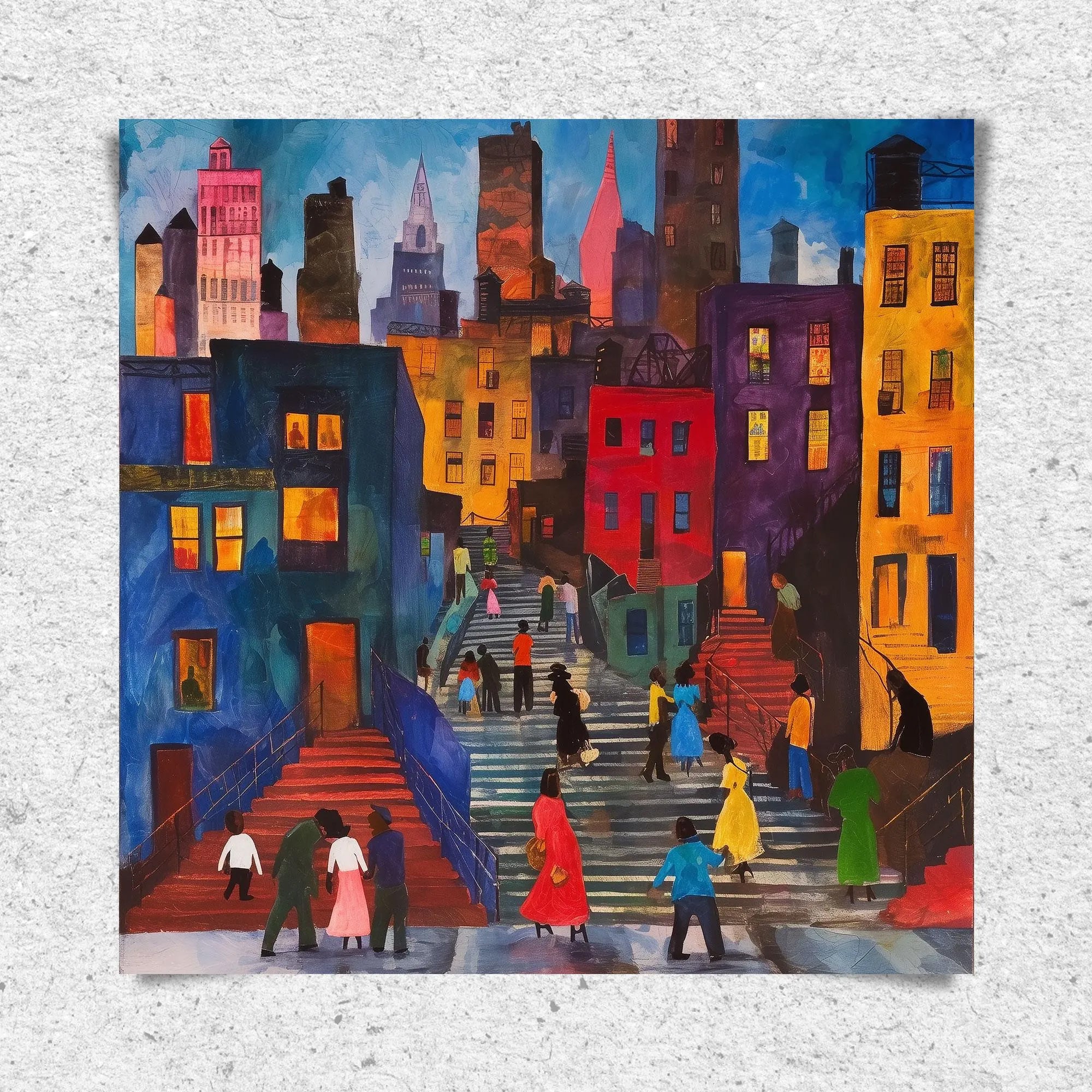 Afrocentric abstract art print depicting vibrant Harlem street life with Black community figures, iconic brownstones, and bustling sidewalks. A bold digital artwork celebrating African American culture and urban energy.