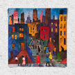 Afrocentric art print of Harlem street life at night, featuring abstract silhouettes of people mingling and socializing under a glowing full yellow moon. Vibrant digital artwork capturing the culture, energy, and lifestyle of the Harlem neighborhood.