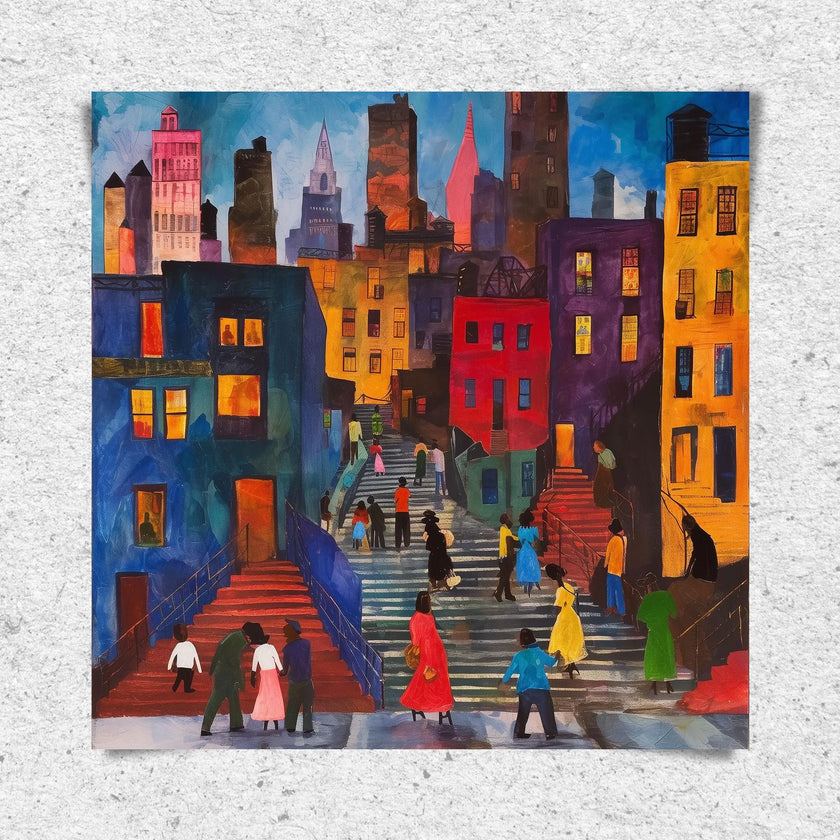 Afrocentric art print of Harlem street life at night, featuring abstract silhouettes of people mingling and socializing under a glowing full yellow moon. Vibrant digital artwork capturing the culture, energy, and lifestyle of the Harlem neighborhood.