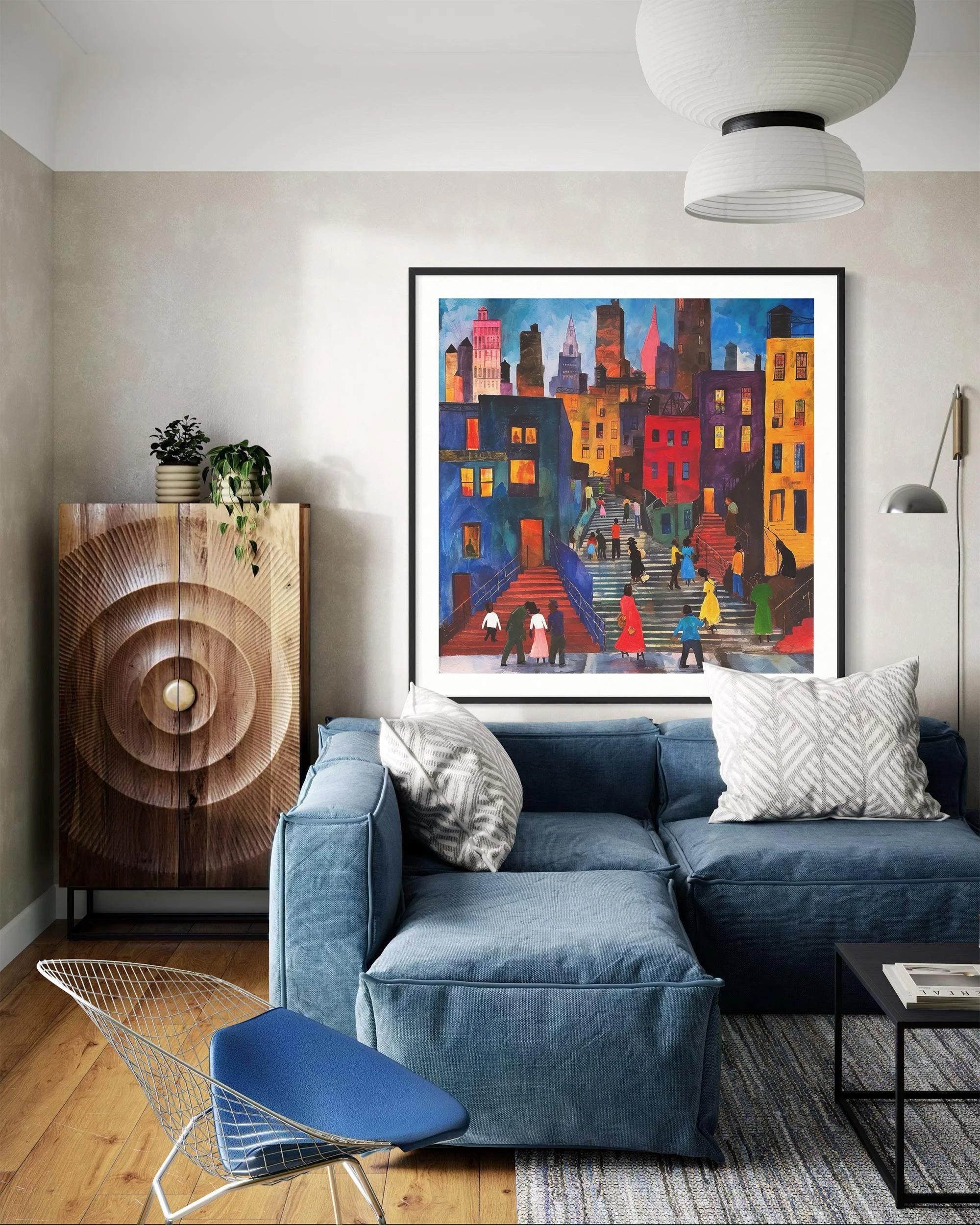 Afrocentric abstract art print depicting vibrant Harlem street life with Black community figures, iconic brownstones, and bustling sidewalks. A bold digital artwork celebrating African American culture and urban energy.