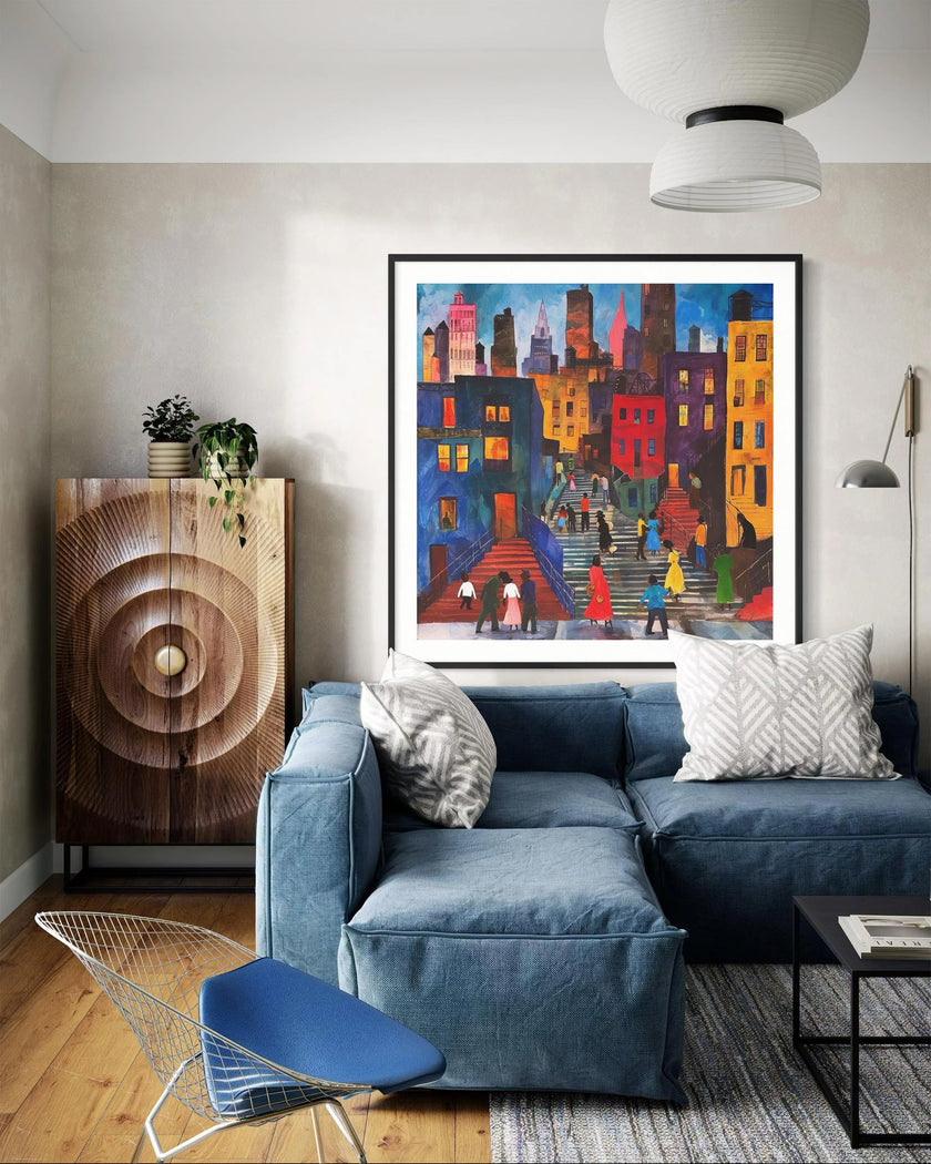 Afrocentric abstract art print depicting vibrant Harlem street life with Black community figures, iconic brownstones, and bustling sidewalks. A bold digital artwork celebrating African American culture and urban energy.
