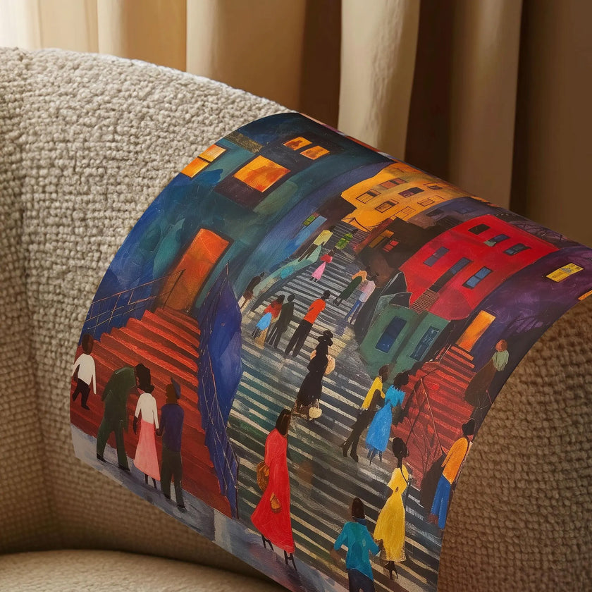 Afrocentric abstract art print depicting vibrant Harlem street life with Black community figures, iconic brownstones, and bustling sidewalks. A bold digital artwork celebrating African American culture and urban energy.