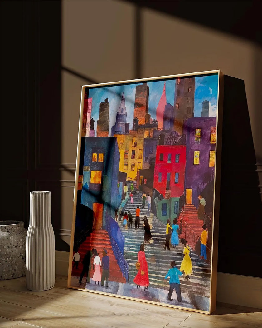Afrocentric abstract art print depicting vibrant Harlem street life with Black community figures, iconic brownstones, and bustling sidewalks. A bold digital artwork celebrating African American culture and urban energy.