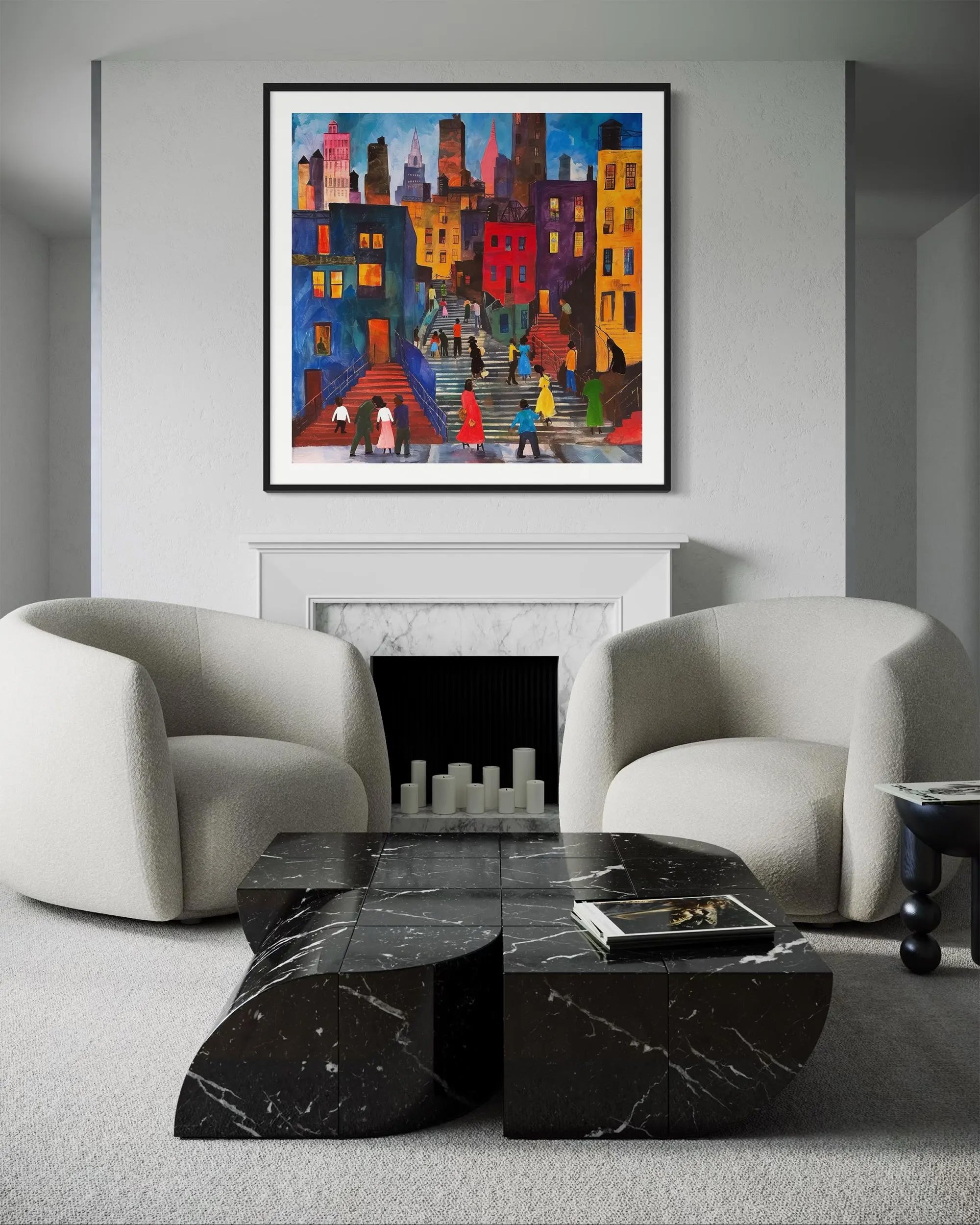 Afrocentric abstract art print depicting vibrant Harlem street life with Black community figures, iconic brownstones, and bustling sidewalks. A bold digital artwork celebrating African American culture and urban energy.