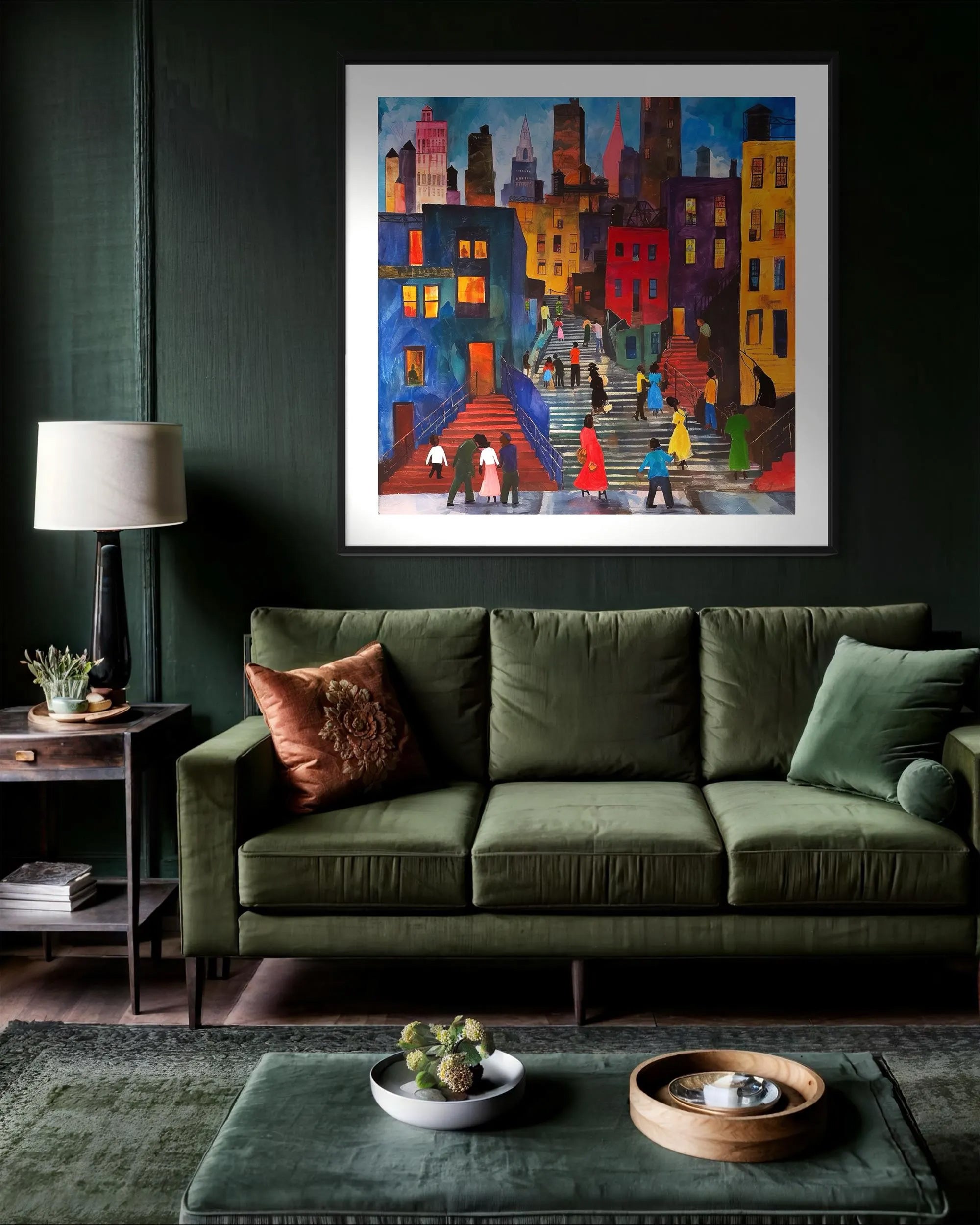 Afrocentric abstract art print depicting vibrant Harlem street life with Black community figures, iconic brownstones, and bustling sidewalks. A bold digital artwork celebrating African American culture and urban energy.