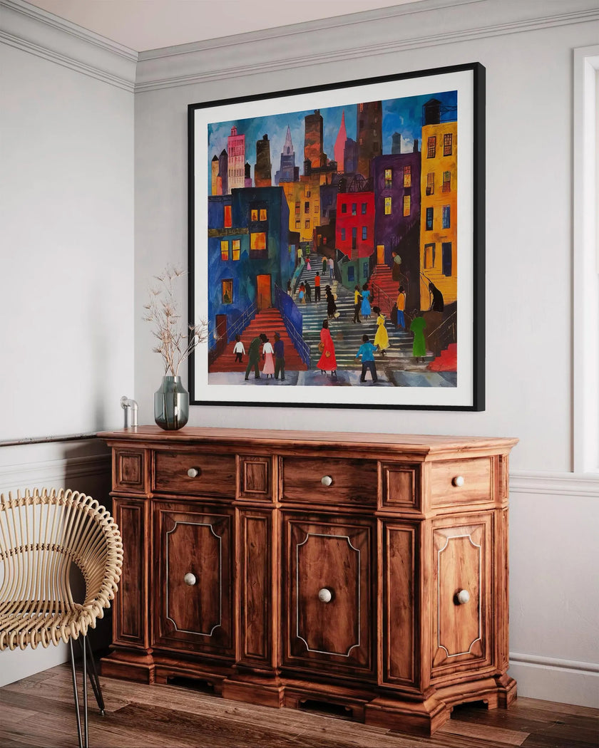 Afrocentric abstract art print depicting vibrant Harlem street life with Black community figures, iconic brownstones, and bustling sidewalks. A bold digital artwork celebrating African American culture and urban energy.