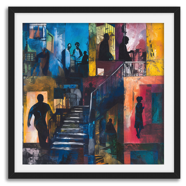 Abstract Afrocentric art print depicting Harlem street life at night with edgy textures and silhouettes. Features urban scenes from the Harlem neighborhood, highlighting the culture, energy, and lifestyle of African American community life after dark.