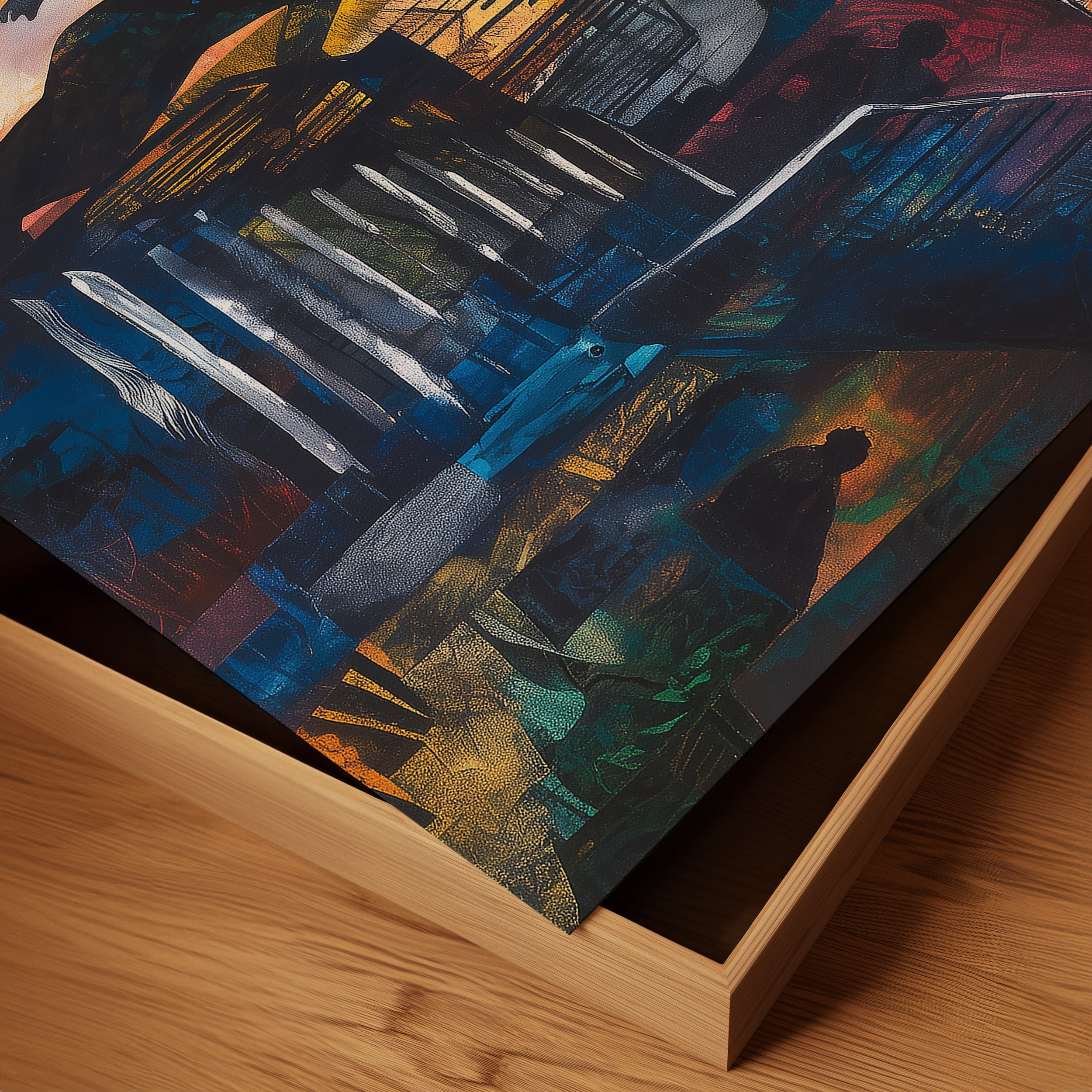 Abstract Afrocentric art print depicting Harlem street life at night with edgy textures and silhouettes. Features urban scenes from the Harlem neighborhood, highlighting the culture, energy, and lifestyle of African American community life after dark.