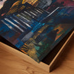 Abstract Afrocentric art print depicting Harlem street life at night with edgy textures and silhouettes. Features urban scenes from the Harlem neighborhood, highlighting the culture, energy, and lifestyle of African American community life after dark.