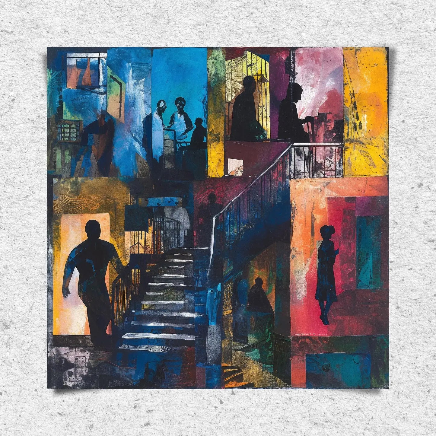 Abstract Afrocentric art print depicting Harlem street life at night with edgy textures and silhouettes. Features urban scenes from the Harlem neighborhood, highlighting the culture, energy, and lifestyle of African American community life after dark.